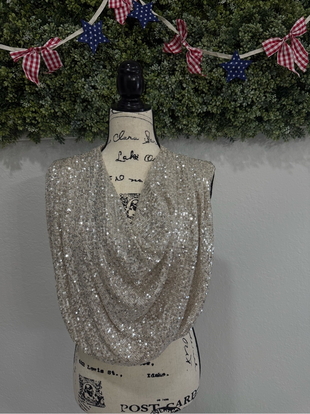 DO+BE Silver Sequin Draped Cowl Neck Camisole